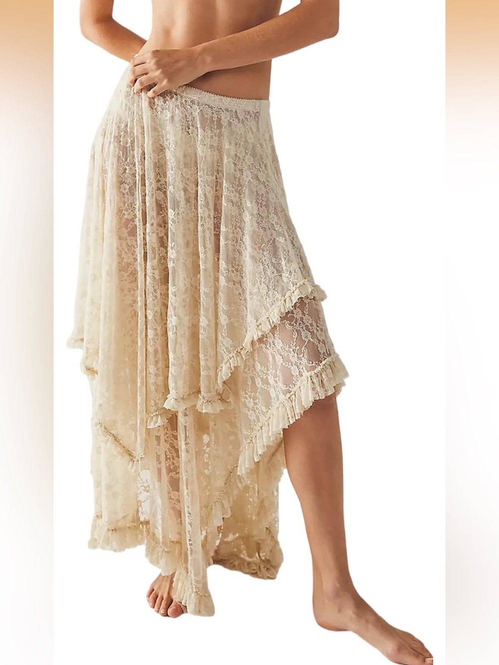 R.Vivimos  Lace Long Skirts Elastic Asymmetrical Layered Hem